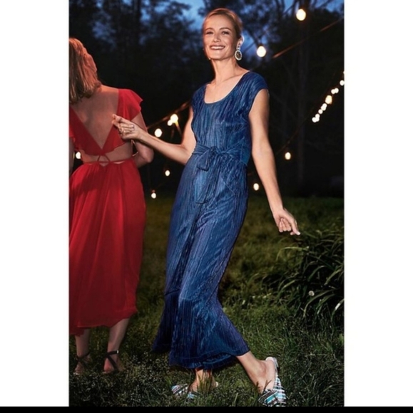 Maeve Anthropologie Blue Sleeveless Velvet Wide Leg Pleated Jumpsuit Pantsuit - Picture 2 of 9